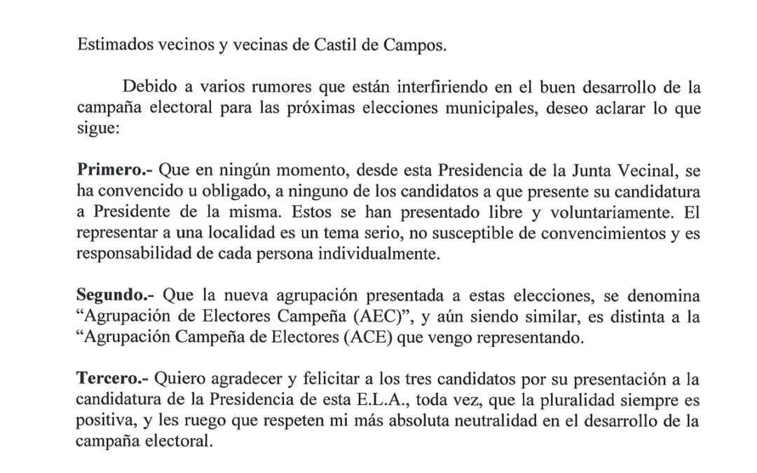 NOTA INFORMATIVA ELECCIONES MUNICIPALES A LA E.L.A.